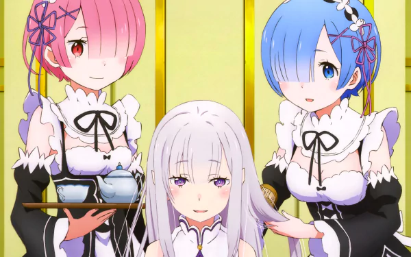 HD desktop wallpaper featuring Re:Zero characters Ram with pink hair, Rem with blue hair, and Emilia with silver hair, set against a warm background. Ram holds a tray, while Rem tends to Emilia's hair.