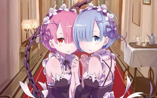 Anime twins Ram and Rem from Re:Zero, in maid outfits, with one having pink hair and red eyes, and the other blue hair and blue eyes, stand in a hallway. This HD wallpaper is tagged with maid, headdress, and chain.