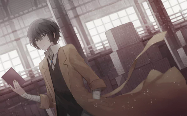 Anime character Osamu Dazai from Bungou Stray Dogs stands with a book in hand, wearing a long coat. The background features industrial elements with a warm, ambient light. HD desktop wallpaper.