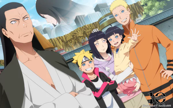 A vibrant HD wallpaper featuring characters Hiashi Hyūga, Neji Hyūga, Himawari Uzumaki, Boruto Uzumaki, Hinata Hyuga, and Naruto Uzumaki from the anime series Boruto.
