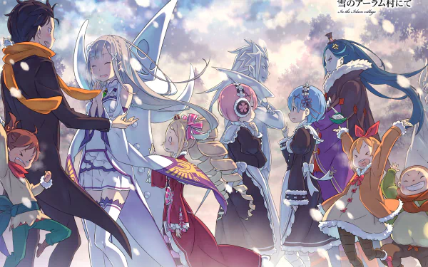 HD wallpaper featuring characters from Re:Zero - Starting Life in Another World. Characters include Emilia, Subaru Natsuki, and others, with a winter backdrop. Blue hair, short hair, and various colorful outfits are prominent.