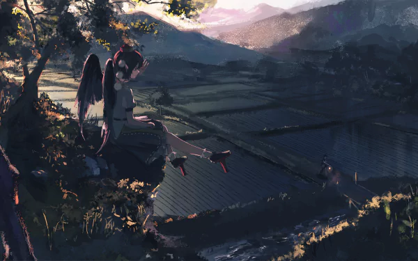 HD desktop wallpaper featuring Aya Shameimaru from Touhou. The anime character is seated on a cliff overlooking serene farmland and mountains at sunset.
