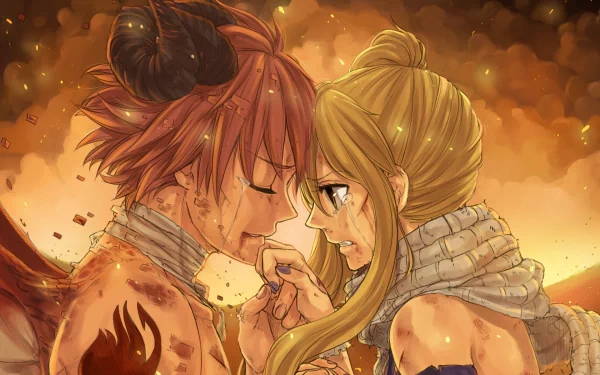 An HD desktop wallpaper featuring Natsu Dragneel and Lucy Heartfilia from the anime Fairy Tail. Both characters are shown in an intense, emotion-filled moment, highlighted by a vibrant, warm-toned background.