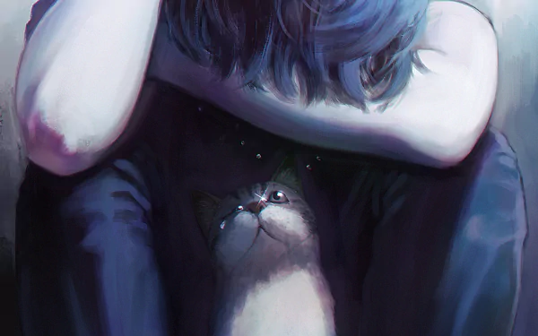 Anime HD desktop wallpaper featuring a tearful character with blue hair, sitting down and hugging their knees, accompanied by a white and grey cat looking up.