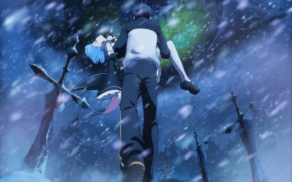 HD desktop wallpaper featuring characters from Re:Zero - Starting Life in Another World, with Subaru Natsuki carrying Rem in a snowy landscape, surrounded by swords and a mystical atmosphere.