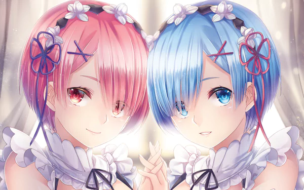 HD desktop wallpaper featuring anime characters Ram and Rem from Re:Zero - Starting Life in Another World, with Ram having pink hair and Rem having blue hair. Both have short hair and blue eyes.