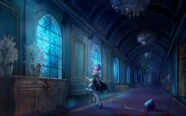 HD desktop wallpaper featuring Rem from Re:Zero - Starting Life in Another World, with blue short hair, standing in an elegantly dim hallway with stained glass windows and chandeliers.