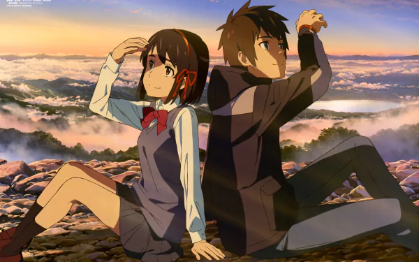 HD desktop wallpaper featuring anime characters Mitsuha Miyamizu and Taki Tachibana from Your Name, sitting on a rocky terrain with a beautiful sunset and cloud-filled sky in the background.
