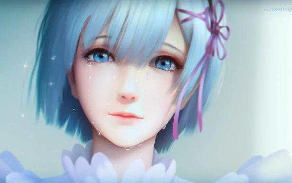 HD wallpaper featuring Rem from Re:Zero - Starting Life in Another World with short blue hair, blue eyes, and tears on her face, capturing an emotional moment from the anime series.