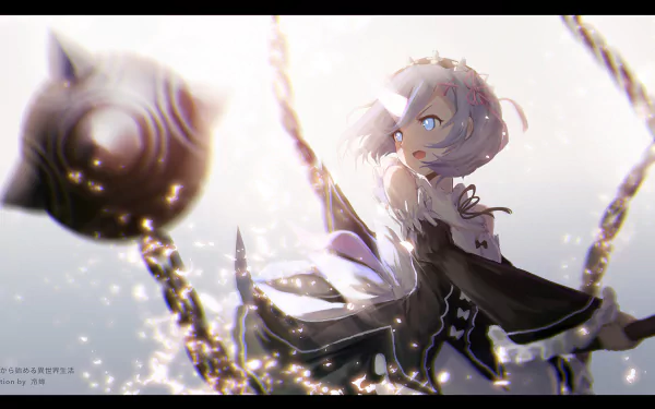 HD desktop wallpaper featuring Rem from Re:Zero - Starting Life in Another World, showcasing her blue hair and eyes, dressed in a maid outfit, with sparkles and chains in the background.