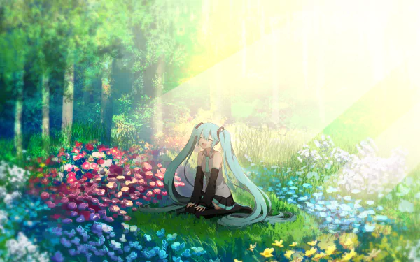 A vibrant HD wallpaper featuring Hatsune Miku, the popular Vocaloid character, sitting amidst a colorful flower-filled meadow, illuminated by soft sunlight in an enchanting anime style.