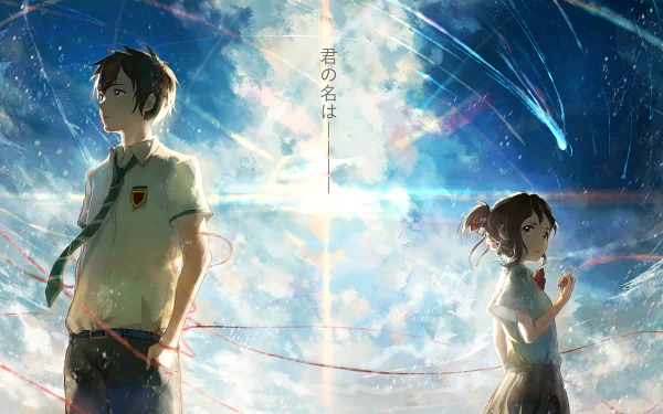 Anime HD wallpaper featuring Taki Tachibana and Mitsuha Miyamizu from Your Name. They stand back-to-back in school uniforms under a sky filled with clouds and a glowing comet.