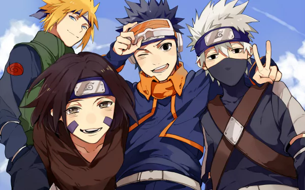 HD desktop wallpaper featuring Rin Nohara, Obito Uchiha, Minato Namikaze, and Kakashi Hatake from the anime Naruto, all standing together and smiling against a clear blue sky.