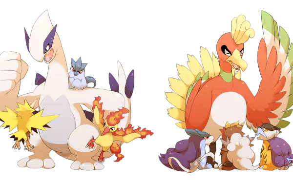 HD desktop wallpaper featuring anime-style Pokémon characters, including Lugia and Ho-oh, with other Pokémon gathered around them.