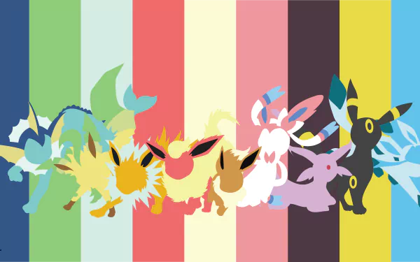 Minimalist HD desktop wallpaper featuring colorful silhouettes of the Pokémon Eevee and its evolutions: Vaporeon, Jolteon, Flareon, Espeon, Umbreon, Leafeon, Glaceon, and Sylveon, on a striped background.