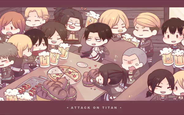 A colorful HD desktop wallpaper featuring adorable chibi characters from *Attack on Titan* enjoying food and drinks around a table, capturing a fun, lighthearted moment.