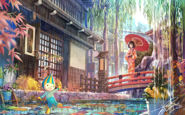 HD desktop wallpaper featuring an anime geisha with a red umbrella, standing on a bridge in a tranquil, traditional Japanese setting. A whimsical character plays in the water below.