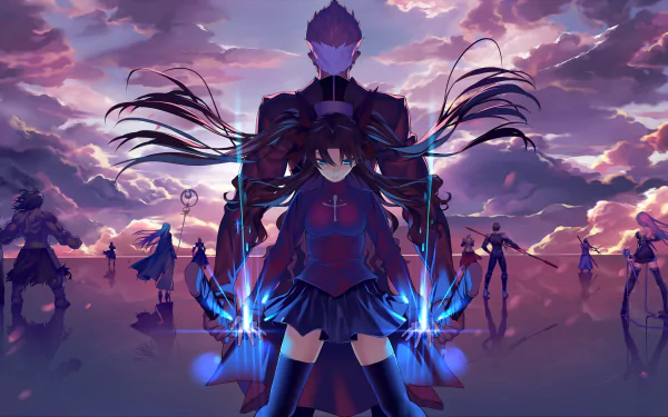 An HD wallpaper featuring Rin Tohsaka and Archer from Fate/Stay Night: Unlimited Blade Works, showcasing Rin in a determined pose with blue eyes and glowing weapons, set against a dramatic cloudy sky background.