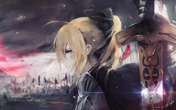 HD desktop wallpaper featuring Saber, a blonde woman warrior from the Anime Fate/Stay Night, standing with her sword against a dramatic battlefield backdrop.