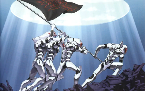 HD desktop wallpaper of anime series Neon Genesis Evangelion, featuring three robotic figures planting a flag in dramatic lighting.