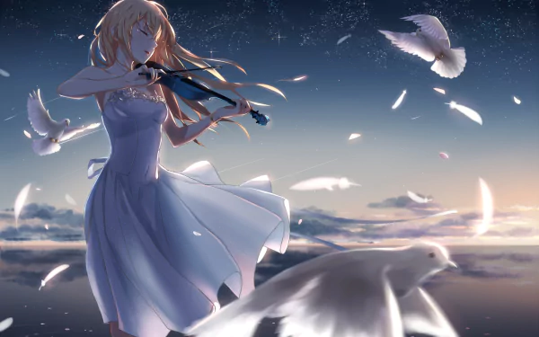 An HD anime desktop wallpaper featuring Kaori Miyazono from Your Lie in April. She is playing the violin, wearing a dress, with long blonde hair flowing, set against a serene background with flying doves.