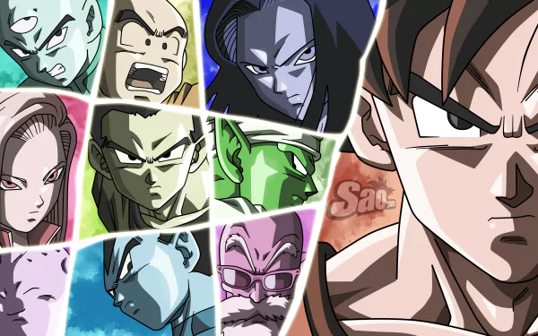 HD desktop wallpaper featuring characters from Dragon Ball Super, including Goku, Vegeta, Piccolo, Gohan, Tien Shinhan, Krillin, Android 17 and 18, Master Roshi, and Majin Buu.