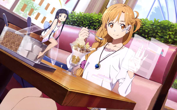 Asuna Yuuki and Yui from Sword Art Online: Ordinal Scale enjoy a treat at a cozy restaurant. This HD wallpaper captures a charming moment from the anime movie.