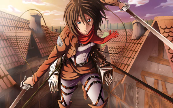 HD desktop wallpaper featuring Mikasa Ackerman from Attack on Titan, depicted in her scouting gear, poised for action atop rooftops with the sky in the background.