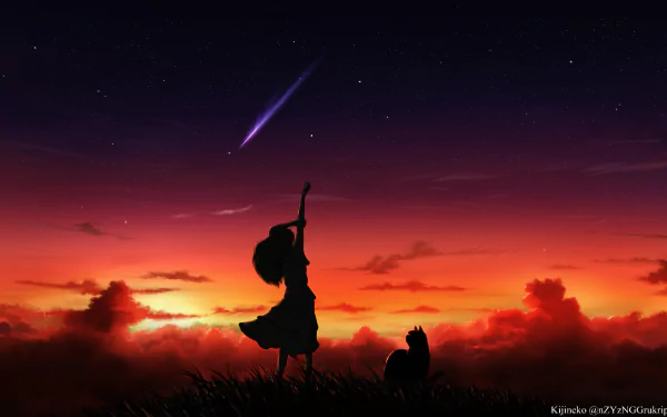 An HD anime-themed desktop wallpaper featuring a silhouette of a girl and a cat against a sunset sky, with a shooting star and clouds in the background.