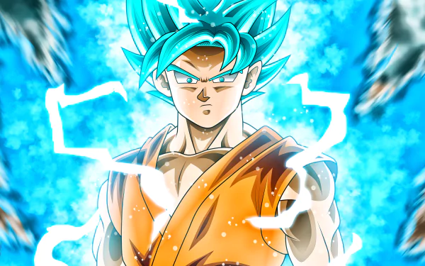 HD desktop wallpaper featuring Goku from Dragon Ball Super, showcasing him with blue hair and an electrifying blue aura around him.