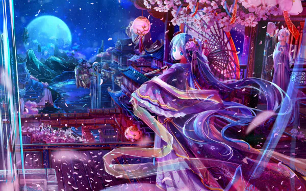 HD desktop wallpaper and background featuring Hatsune Miku, an anime-style Vocaloid character, surrounded by a vibrant, colorful, and dreamy night scene with cherry blossoms and a full moon.