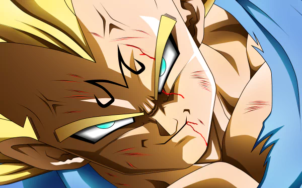An intense Anime Dragon Ball Z HD desktop wallpaper featuring a determined character with blond hair and battle scars, showcased in vibrant colors against a blue background.