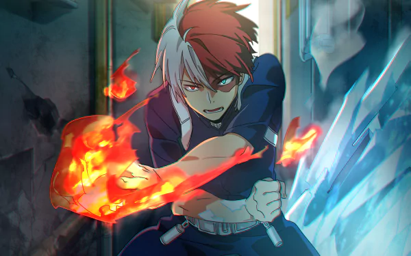 HD wallpaper featuring Shoto Todoroki from My Hero Academia, showcasing his dual fire and ice powers in a dynamic action pose.