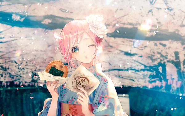 Anime girl with pink hair and a kimono, winking amid a backdrop of spring blossoms and petals, holding traditional treats. HD wallpaper.