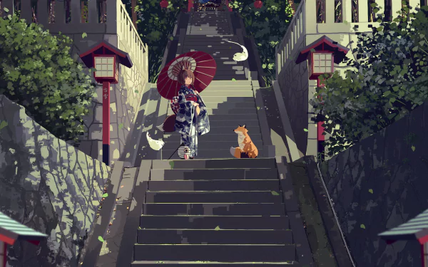 Anime-style image of a person in a kimono with an umbrella, accompanied by a fox with orange eyes walking up stairs by torii gates. It's a high-quality desktop wallpaper.