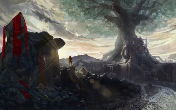 HD anime desktop wallpaper featuring a person observing a mystical landscape with a colossal tree and ancient ruins under a swirling sky.