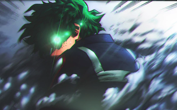 HD desktop wallpaper featuring Izuku Midoriya from My Hero Academia. He has green hair, glowing green eyes, and freckles, with an intense look and dynamic background.