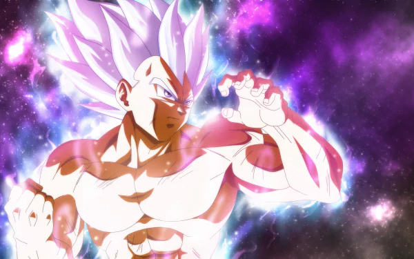 HD wallpaper featuring Vegeta in Ultra Instinct form, a powerful state from Dragon Ball Super, surrounded by a vibrant, cosmic background.