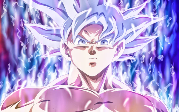 HD desktop wallpaper featuring a character from Dragon Ball Super with spiky white hair and an intense gaze, surrounded by a blue and purple aura.