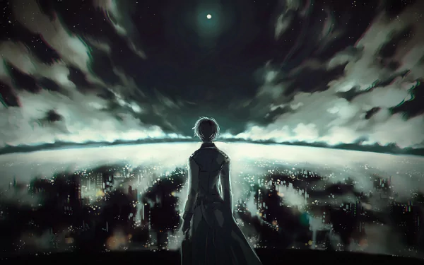 Haise Sasaki from Tokyo Ghoul:re, with white hair and a coat, stands in a cityscape at night under a cloudy sky, gazing at the horizon. HD desktop wallpaper and background featuring Ken Kaneki.