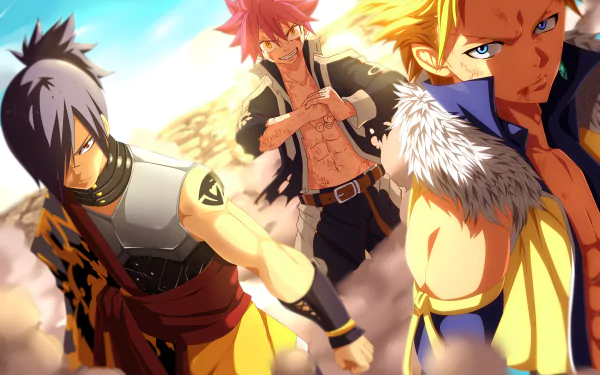 HD desktop wallpaper featuring Rogue Cheney, Natsu Dragneel, and Sting Eucliffe from the anime Fairy Tail, set in an intense, action-packed scene with vibrant colors.