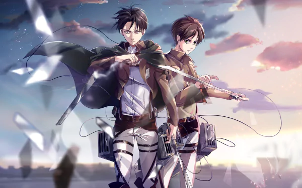 HD desktop wallpaper featuring Anime characters Levi Ackerman and Eren Yeager from Attack on Titan, standing together against a scenic background with dramatic lighting and action poses.