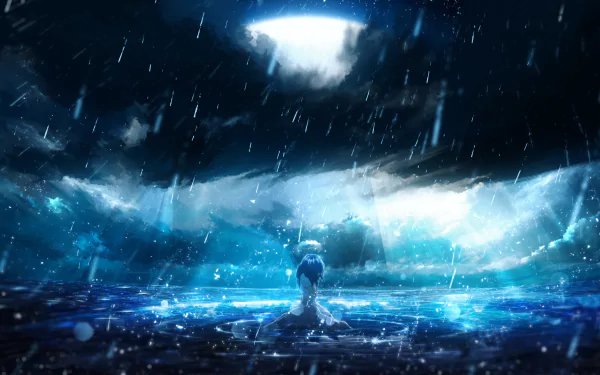 HD anime wallpaper of a nighttime scene with rain, featuring a lone character standing in the water under a dramatic, cloudy sky. Perfect background for desktops.