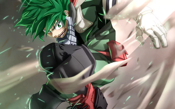 An HD desktop wallpaper featuring Izuku Midoriya from My Hero Academia, showcasing his intense expression with green hair and eyes in an action pose.