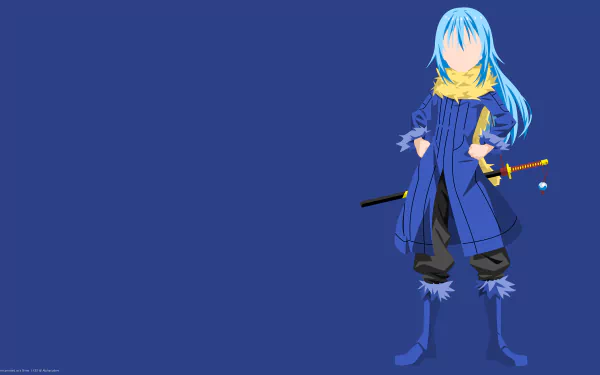 HD desktop wallpaper of Rimuru Tempest from That Time I Got Reincarnated as a Slime, depicted in a minimalist style with a sword on a blue background.