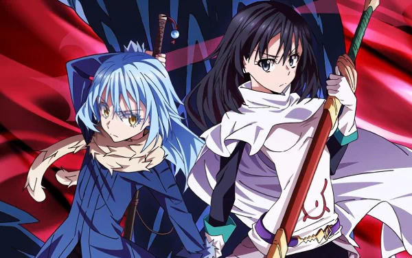 Shizue Izawa and Rimuru Tempest stand ready for action in this 4K Ultra HD wallpaper from That Time I Got Reincarnated as a Slime, showcasing vibrant colors and dynamic poses.