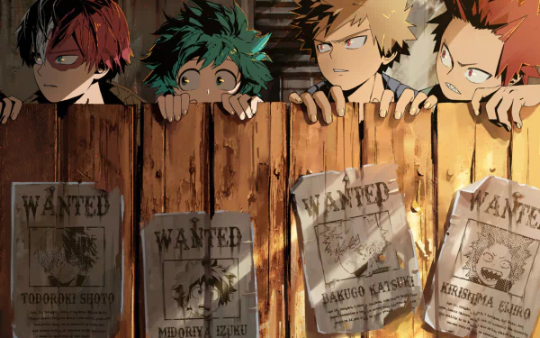 HD wallpaper featuring Eijiro Kirishima, Shoto Todoroki, Katsuki Bakugou, and Izuku Midoriya from My Hero Academia, peeking over a wooden fence with wanted posters.