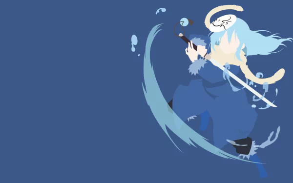 Minimalist 4K Ultra HD anime wallpaper featuring Rimuru Tempest from That Time I Got Reincarnated as a Slime in dynamic action pose on a blue background.