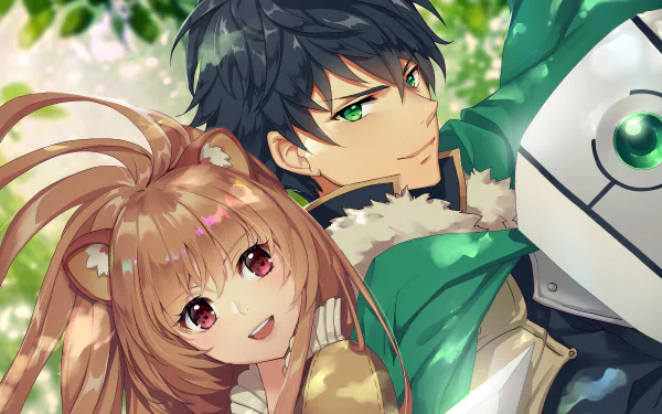HD wallpaper of Raphtalia and Naofumi Iwatani from The Rising of the Shield Hero anime, featuring vibrant green and brown eyes, and black and brown hair.