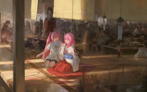 Anime-style HD wallpaper featuring characters from That Time I Got Reincarnated as a Slime. The scene depicts two pink-haired characters interacting in a populated, warmly-lit gathering space.